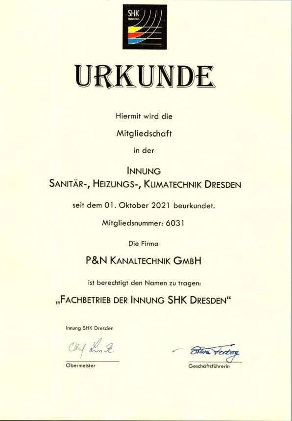 Abbildung des Nachweises: Mitglied der Innung SHK Dresden